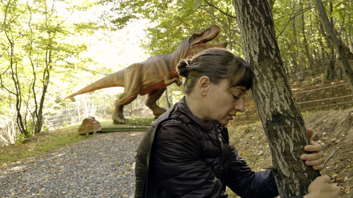 Filmstill aus KONTINENTAL '25: Eine Frau steht vor einem Baum, im Hintergrund ist ein Dino zu sehen. Sie befinden sich in einem Wald.