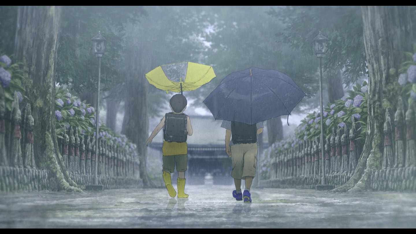 Ein Animationsfilm - 2 Menschen gehen im Regen nebeneinander her, sie halten Schirme.