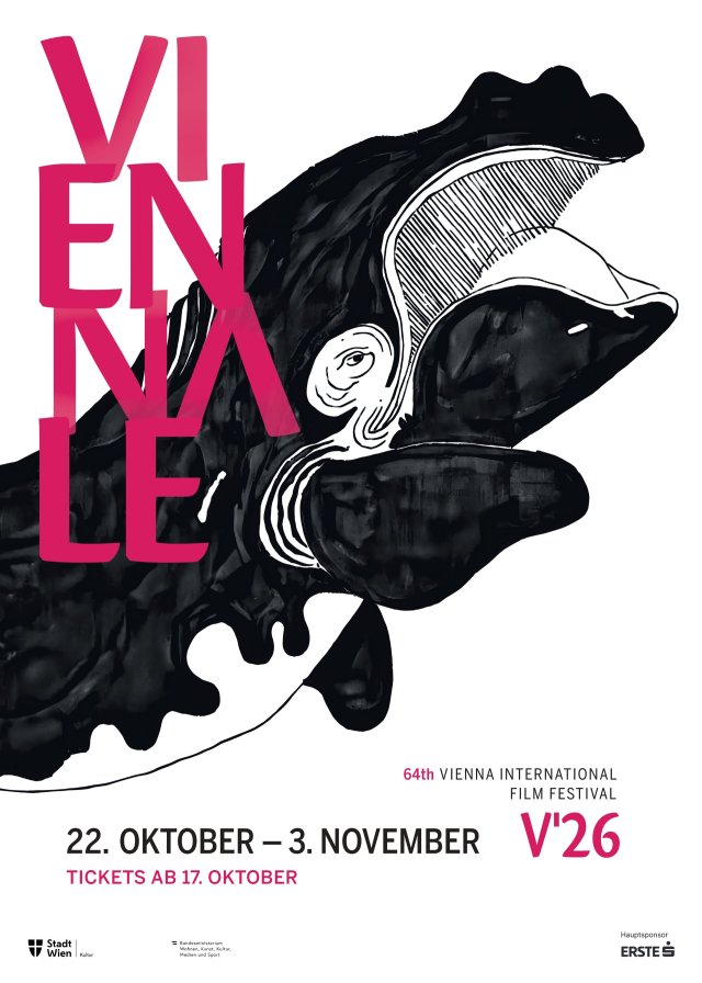 Viennale Plakatsujet 2026: Schwarz-weiße Linienzeichnung eines Wahls mit geöffneten Mund. Darüber ein roter Schriftzug 'VIENNALE' und den Festivaldaten: 22. Oktober bis 3. November
