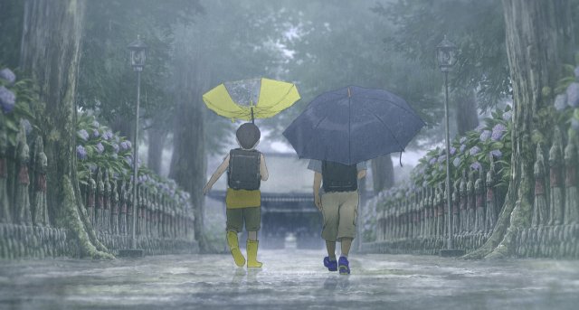 Ein Animationsfilm - 2 Menschen gehen im Regen nebeneinander her, sie halten Schirme.