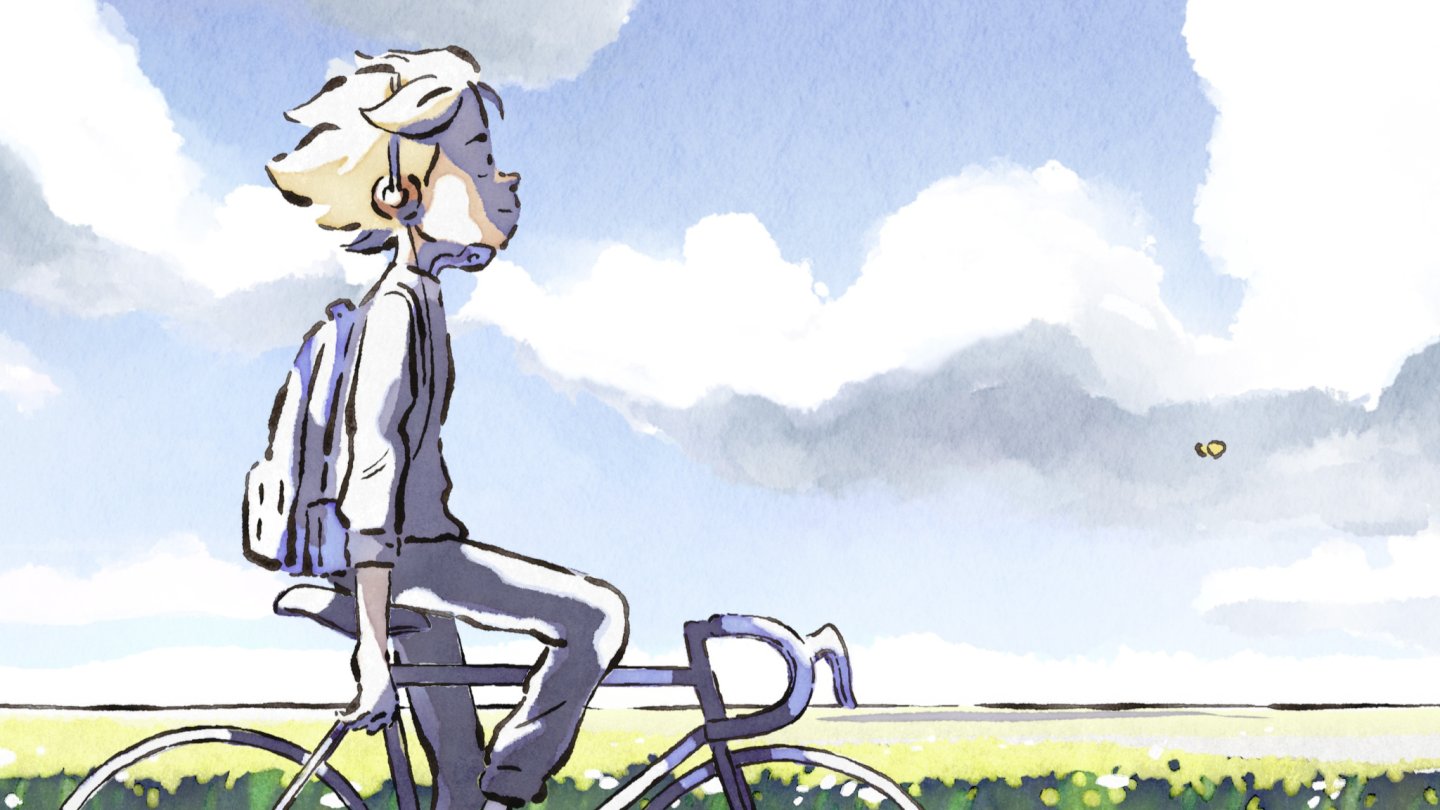 Ein Junge auf einem Fahrrad, seine Hände sind nicht am Lenker, er hat Kopfhörer auf. Er sieht entspannt aus.