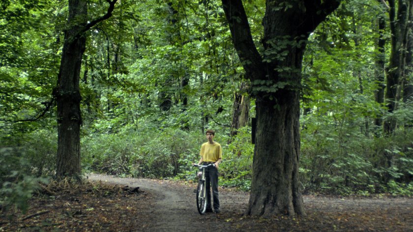 Person mit gelbem Oberteil schiebt Fahrrad auf Waldweg zwischen großen Bäumen