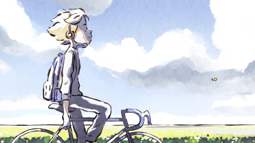 Ein Junge auf einem Fahrrad, seine Hände sind nicht am Lenker, er hat Kopfhörer auf. Er sieht entspannt aus.