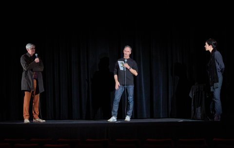 Claus Philipp (Kurator Monografie Schlingensief), Viennale Direktorin Eva Sangiorgi und Produzent Frieder Schlaich im Stadtkino / Claus Philipp (Curator Monography Schlingensief), Viennale Director Eva Sangiorgi and Producer Frieder Schlaich at the Stadtkino