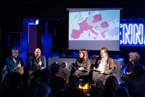 Christoph Friedel, Nicolas Anthomé, Montse Triola, Alexander Dumreicher-Ivanceanu und Rebecca De Pas, Roundtable, Viennale Zentrale im Funkhaus Wien
